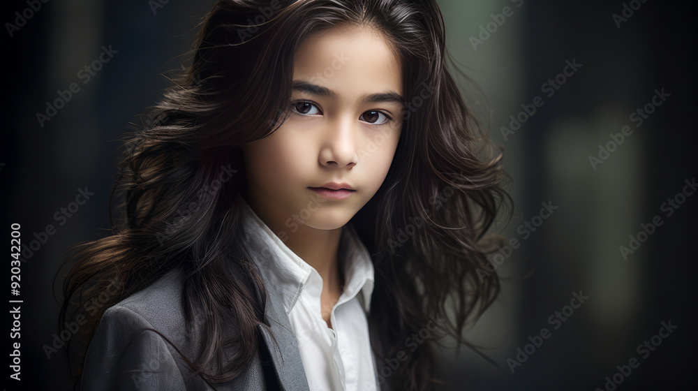 Portrait of a cute handsome happy Asian boy child with long hair and perfect skin, silver background, banner. Portrait of a cute handsome happy Asian boy child with long hair and perfect skin, silver background, banner.