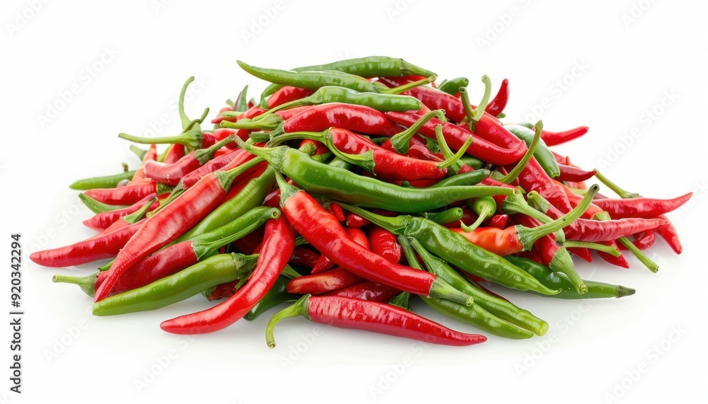 Fresh red and green chili peppers piled high on a white background Fresh red and green chili peppers piled high on a white background