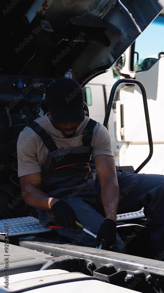 Truck mechanic working in vehicle repair service. Vertical video Truck mechanic working in vehicle repair service. Vertical video