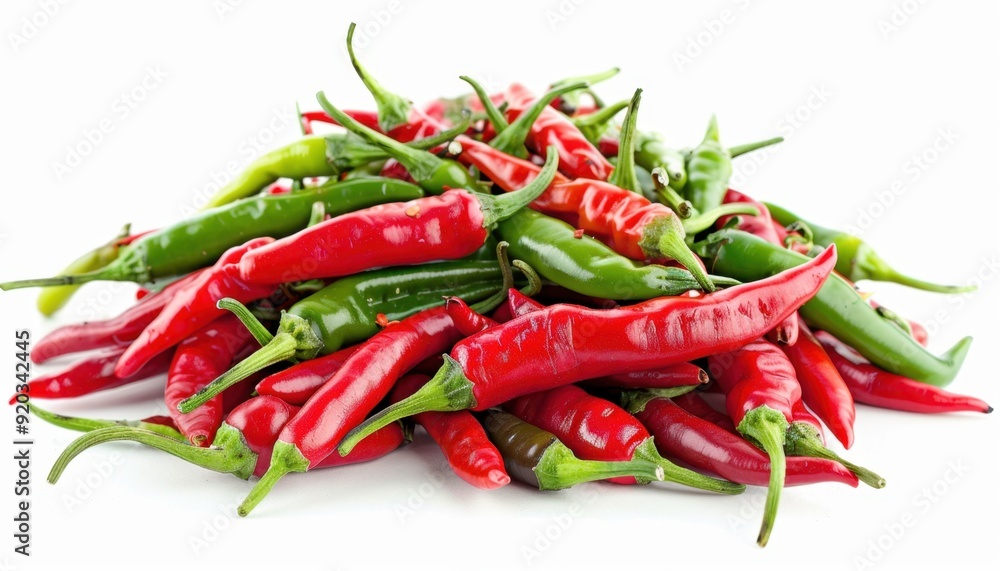 Vibrant assortment of fresh red and green chili peppers on a white background Vibrant assortment of fresh red and green chili peppers on a white background