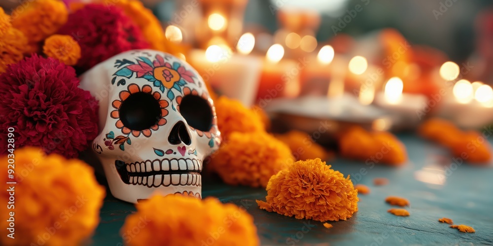 A close-up shot of decorated skulls and marigolds for a Day of the Dead altar (Dia de los Muertos altar) A close-up shot of decorated skulls and marigolds for a Day of the Dead altar (Dia de los Muertos altar)