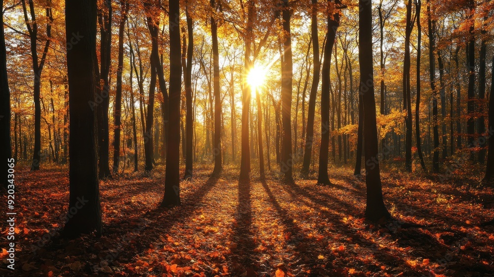 Obraz premium Golden Sunlight Filtering Through Autumn Trees