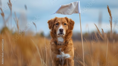 Dog Holding White Flag: A friendly dog standing proudly, holding a small white flag in its mouth.
 photo