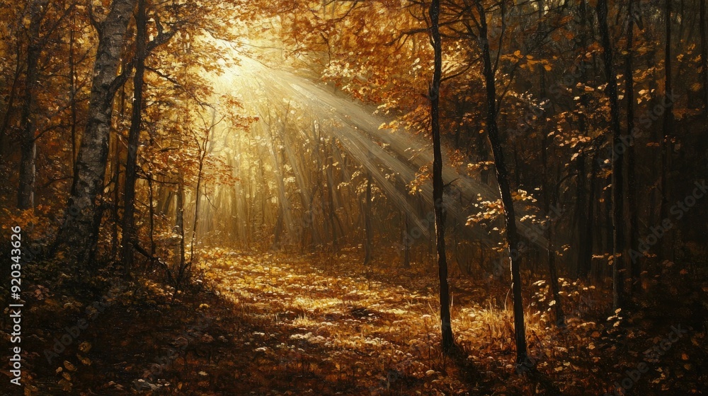 Fototapeta premium Sunlight, trees, forest. Generative AI