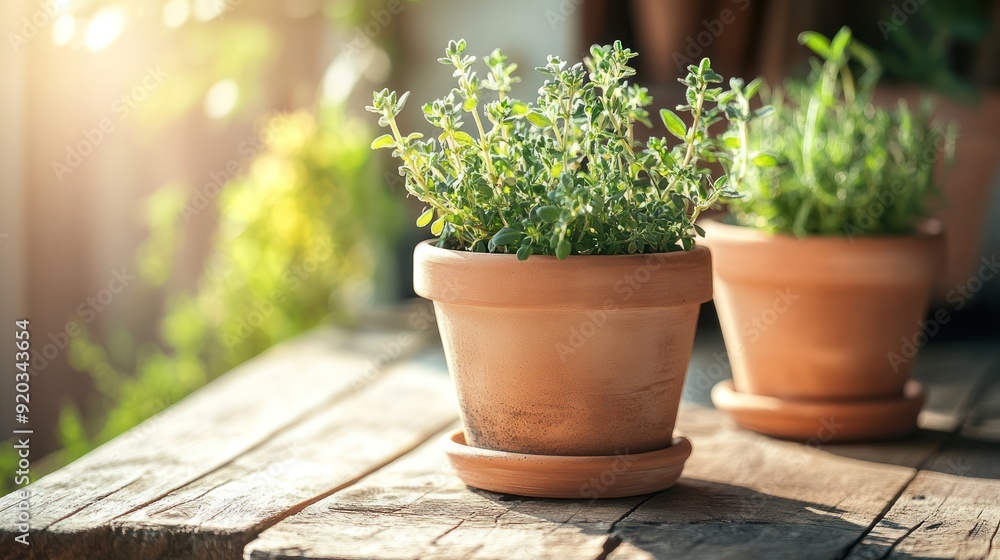 Potted Herbs on a Wooden Table Potted Herbs on a Wooden Table