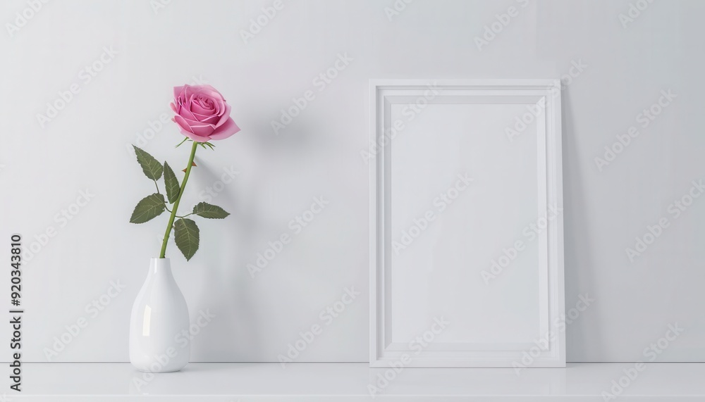 Elegant pink rose in a white vase beside an empty picture frame on a minimalistic background Elegant pink rose in a white vase beside an empty picture frame on a minimalistic background