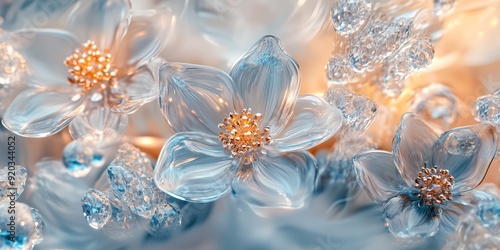 Fototapeta Naklejka Na Ścianę i Meble -  Luxurious crystal clear flowers with golden center blooming in an abstract garden, a beautiful background for various occasions