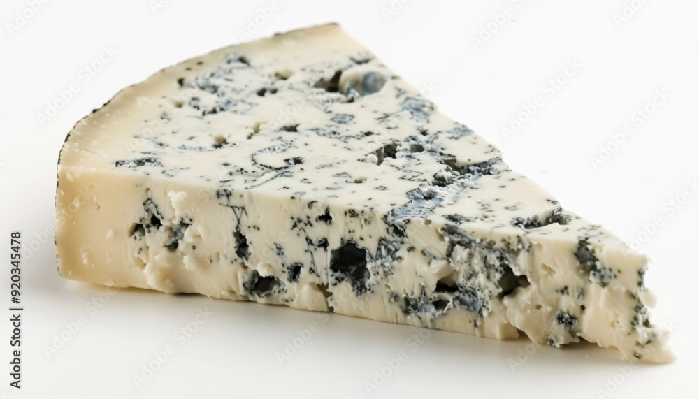 A wedge of blue cheese showcasing creamy texture and distinctive blue veins on a white background A wedge of blue cheese showcasing creamy texture and distinctive blue veins on a white background