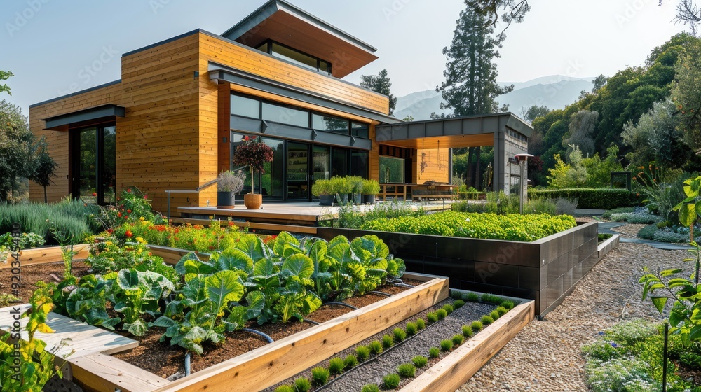 Modern, wood-sided home with a lush, raised garden bed in the front yard. Modern, wood-sided home with a lush, raised garden bed in the front yard.
