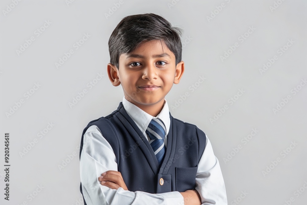 Confident Indian School Boy in Formal Uniform with Crossed Arms and a Slight Smile