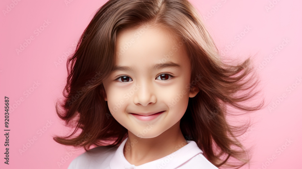 Portrait of a cute handsome happy Asian boy child with long hair and perfect skin, pink background, banner. Portrait of a cute handsome happy Asian boy child with long hair and perfect skin, pink background, banner.