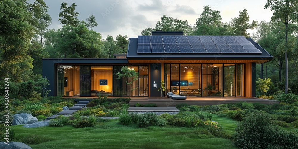 Bright Midday View of a High-Tech Sustainable House with Solar Energy Solutions, generative ai Bright Midday View of a High-Tech Sustainable House with Solar Energy Solutions, generative ai
