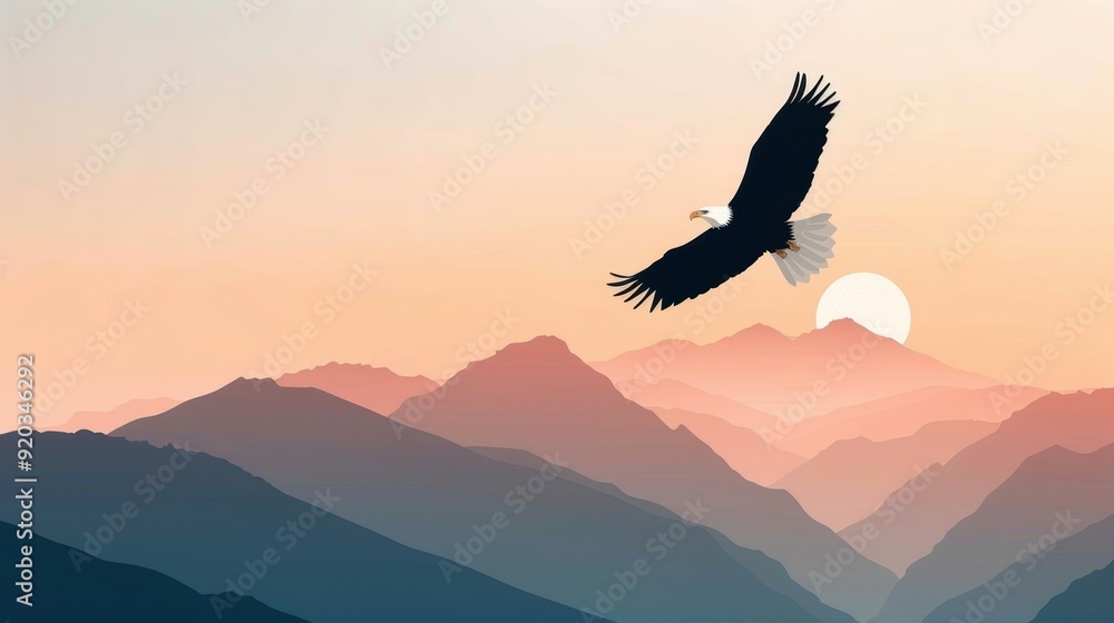 Fototapeta premium Eagle soaring with a plain background, minimalist approach, basic shapes, 2D vector, soft pastel tones