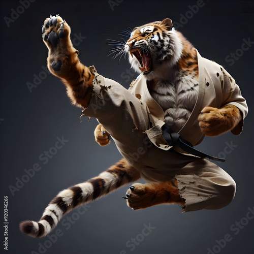 A tiger, dressed in a karate gi, is mid-sprint, roaring with intensity. Its powerful muscles and sharp claws are on full display, suggesting a fierce and formidable creature. photo