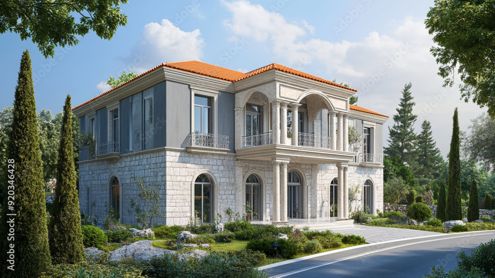3D rendering of a modern-style two-story villa with a gable roof, located in an urban area near a forest and park 3D rendering of a modern-style two-story villa with a gable roof, located in an urban area near a forest and park