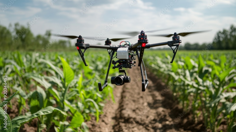Aerial agricultural technology showing an advanced drone hovering above a crop field, capturing precise data and assisting farmers in modern farming practices. Aerial agricultural technology showing an advanced drone hovering above a crop field, capturing precise data and assisting farmers in modern farming practices.