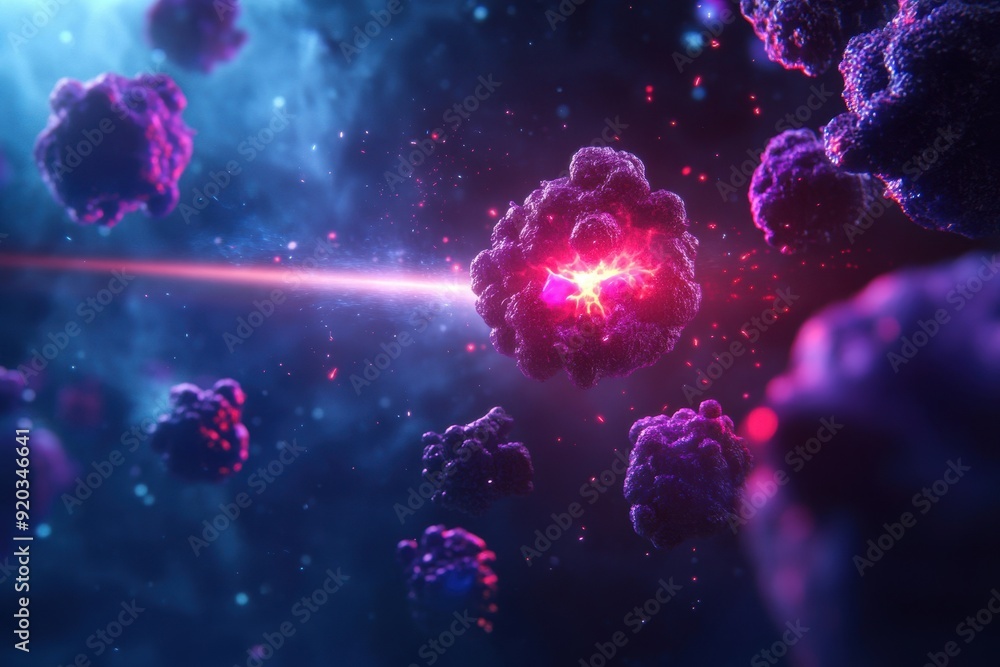Cancer cells being eradicated by a beam of light from an innovative medical device symbolizes hope and remission. Cancer cells being eradicated by a beam of light from an innovative medical device symbolizes hope and remission.