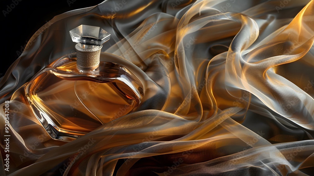 Perfume Bottle with Flowing Fabric: A luxurious perfume bottle with elegant fabric flowing around it. Perfume Bottle with Flowing Fabric: A luxurious perfume bottle with elegant fabric flowing around it.