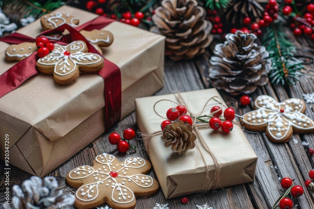 Fototapeta premium 冬の贈り物と手作りクッキー(クリスマスギフト・ジンジャーマン・手作りお菓子・プレゼント)