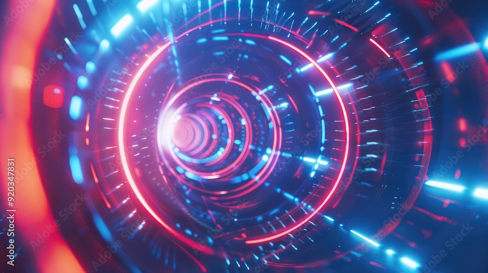 Abstract glowing red and blue light streaks form a tunnel shape. Abstract glowing red and blue light streaks form a tunnel shape.