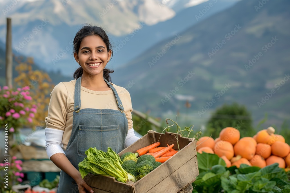Smiling Indian Woman Farmer Holding Fresh Vegetables in a Scenic Mountain Farming Area Smiling Indian Woman Farmer Holding Fresh Vegetables in a Scenic Mountain Farming Area