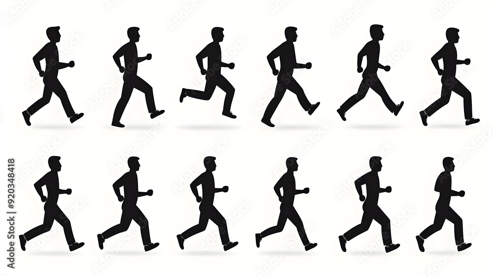 A sequence of silhouettes depicting a person running in various poses. A sequence of silhouettes depicting a person running in various poses.