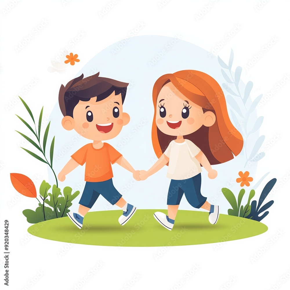 Happy kids holding hands and walking in a park with green plants and flowers, expressing joy and friendship in a cartoon illustration. Happy kids holding hands and walking in a park with green plants and flowers, expressing joy and friendship in a cartoon illustration.