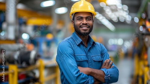 Confident Indian Industrial Worker in Hard Hat at Manufacturing Plant