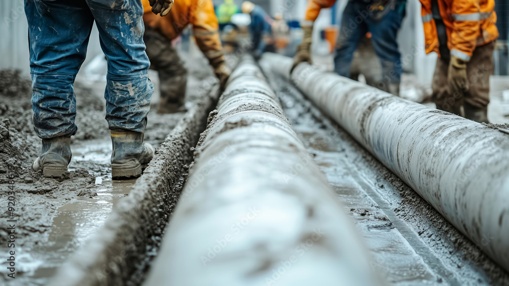 In a muddy setting, workers outfitted in construction gear diligently lay pipes, effectively demonstrating the power of teamwork and industry effort in action In a muddy setting, workers outfitted in construction gear diligently lay pipes, effectively demonstrating the power of teamwork and industry effort in action