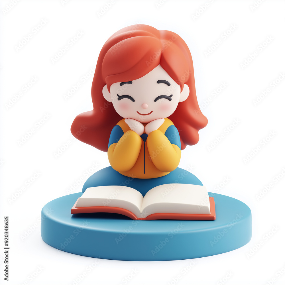 3D image of a happy cute girl with an open book in her hands 3D image of a happy cute girl with an open book in her hands