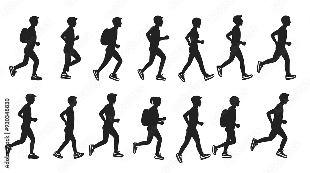 Silhouette of people running and walking, showcasing different postures and movements.