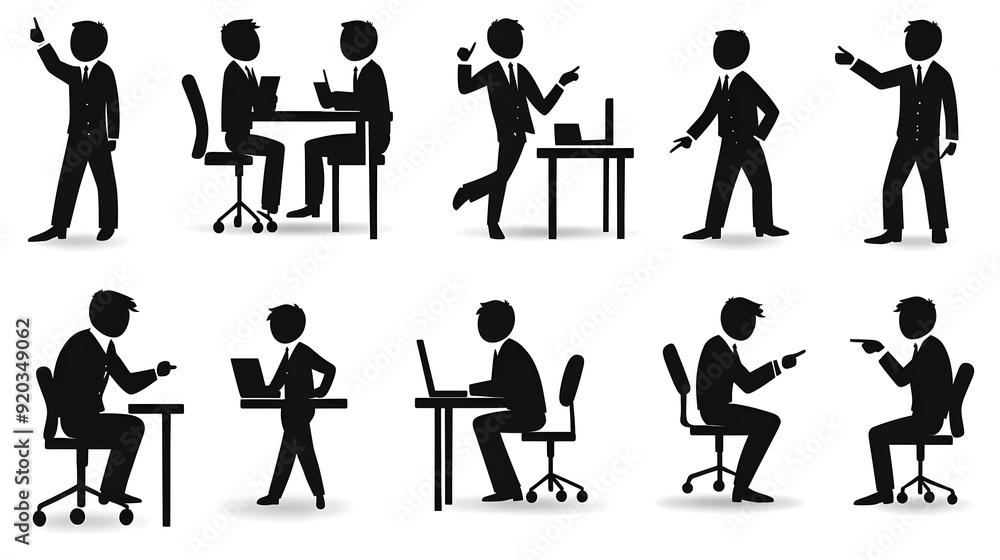 Silhouette illustrations of business people in various poses and activities. Silhouette illustrations of business people in various poses and activities.