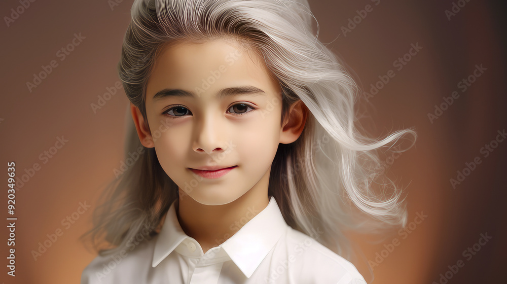 Portrait of a cute handsome happy Asian boy child blond with long white hair and perfect skin, creamy beige background, banner. Portrait of a cute handsome happy Asian boy child blond with long white hair and perfect skin, creamy beige background, banner.