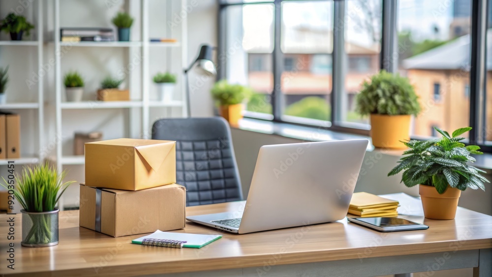 A busy office desk with a laptop, papers, and a postal box, emphasizing the concept of forwarding mail in a modern workplace setting. A busy office desk with a laptop, papers, and a postal box, emphasizing the concept of forwarding mail in a modern workplace setting.