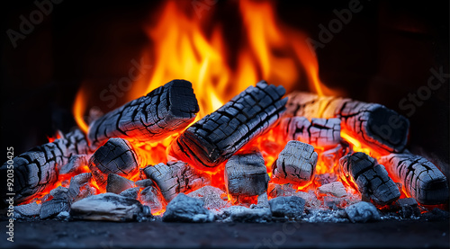 Firewood burning in the fireplace, flames on a black background.
