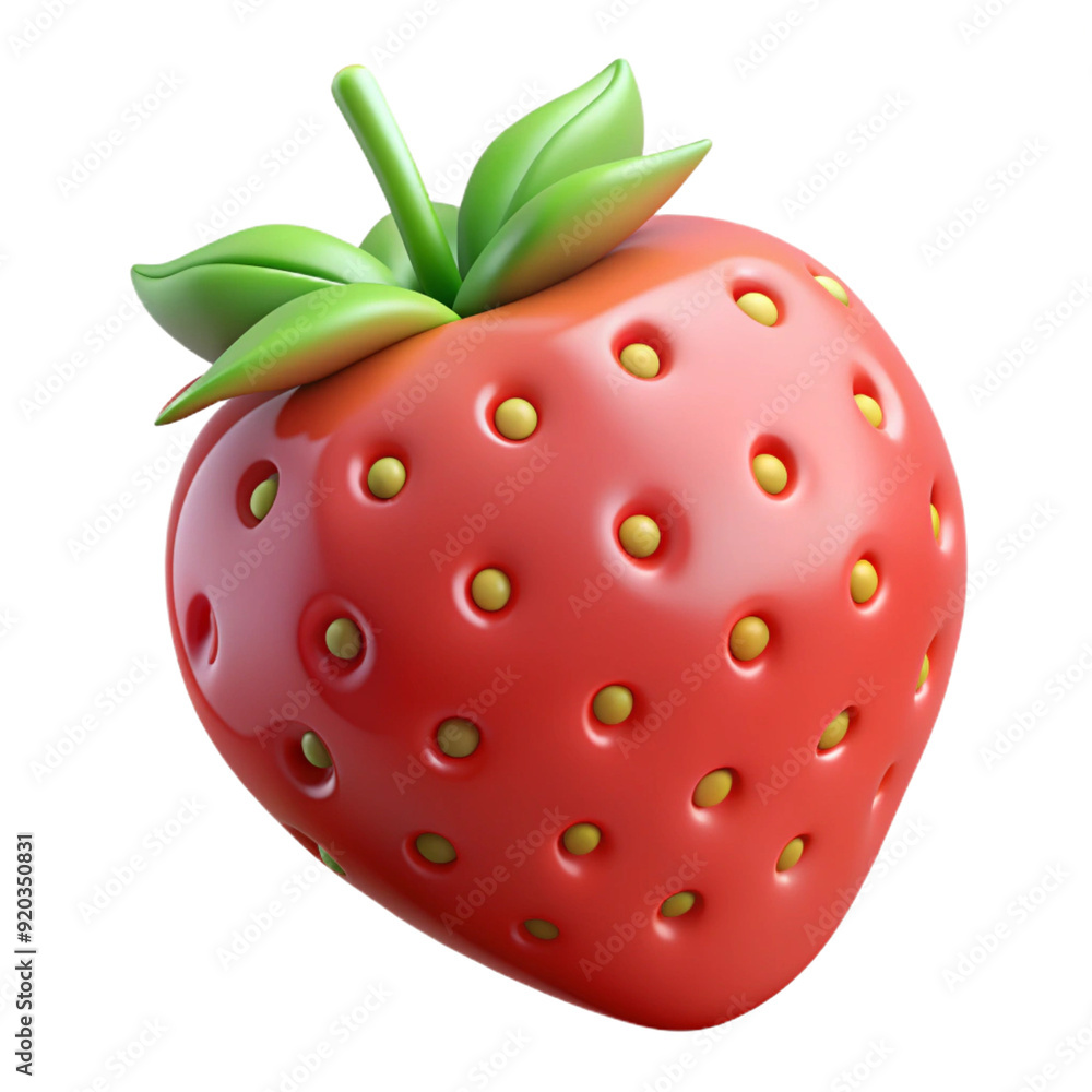 Obraz premium A glossy, red 3D strawberry with green leaves on top. The strawberry is stylized with a shiny surface and cartoon-like appearance, making it visually appealing and playful