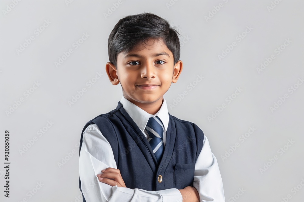 Smiling Indian School Boy in Uniform Standing with Arms Crossed in Bright Studio Portrait Smiling Indian School Boy in Uniform Standing with Arms Crossed in Bright Studio Portrait
