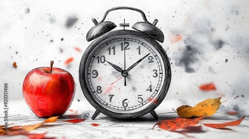 A vibrant red apple sits beside a classic alarm clock, surrounded by swirling autumn leaves, capturing the interplay of time, change, and the passage of seasons in a dynamic, artistic composition photo