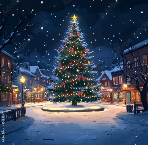 Cheerful Holiday Splendor: A Whimsical Christmas Tree Takes Center Stage in Town Square, Animated by Festive Joy and AI Art Charm.
