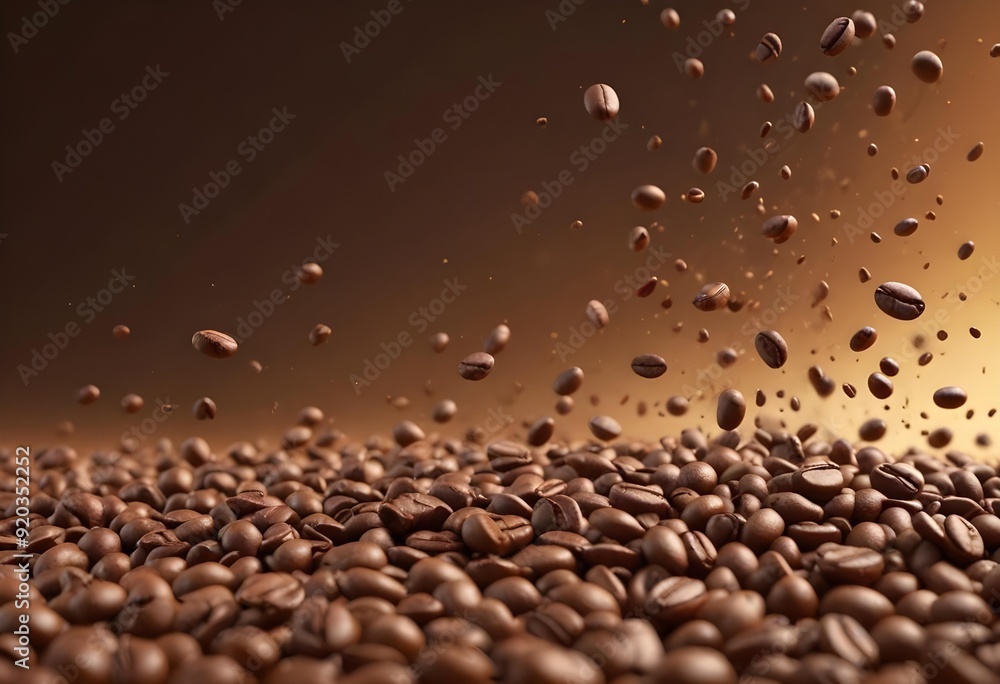 Close-up of scattered coffee beans column falling onto a perfectly arranged bed of roasted coffee beans, revealing textures and shapes Close-up of scattered coffee beans column falling onto a perfectly arranged bed of roasted coffee beans, revealing textures and shapes