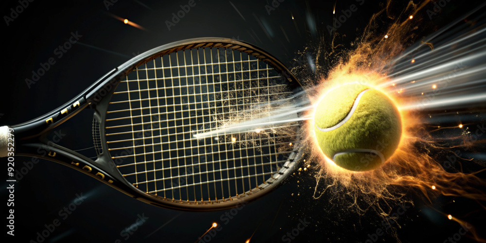 A high-speed action shot of a tennis ball hitting a racket with dynamic ...