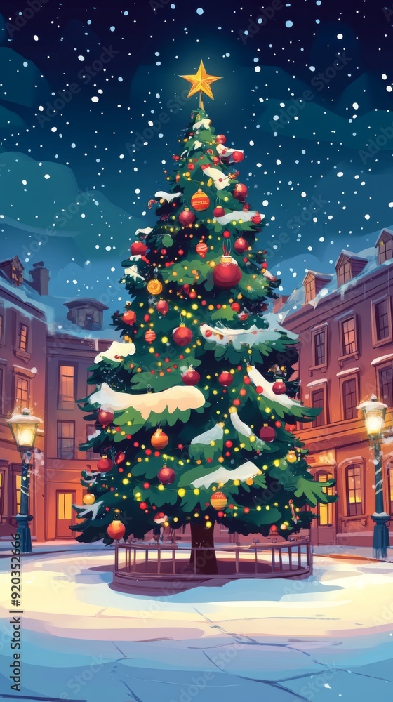 Fototapeta premium Cheerful Holiday Splendor: A Whimsical Christmas Tree Takes Center Stage in Town Square, Animated by Festive Joy and AI Art Charm.