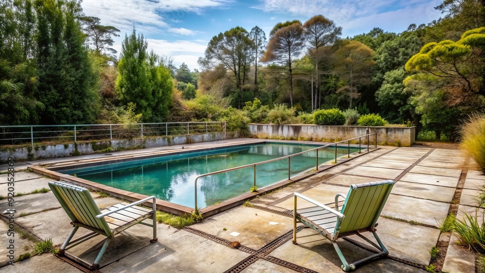 A deserted and closed swimming pool with a faded sign, locked gates, and a dry deck surrounded by overgrown vegetation and worn-out lounge chairs. A deserted and closed swimming pool with a faded sign, locked gates, and a dry deck surrounded by overgrown vegetation and worn-out lounge chairs.