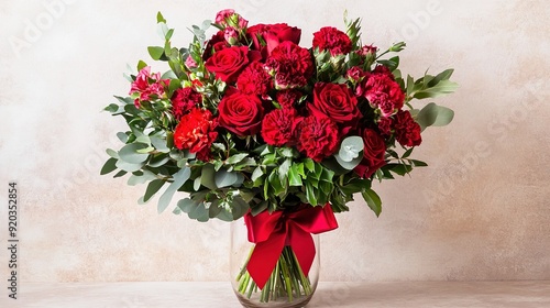 Elegant Bouquet of Deep Red Roses and Bright Red Carnations with Lush Green Leaves in a Clear Glass Vase