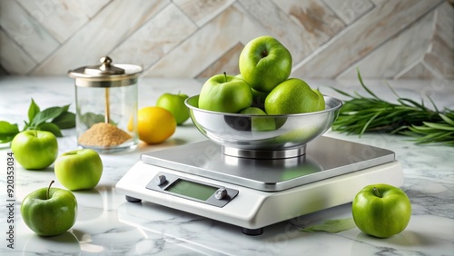 A digital kitchen scale accurately displays the weight of fresh green apples, ingredients, and tools laid out on a clean, marble countertop surface. photo