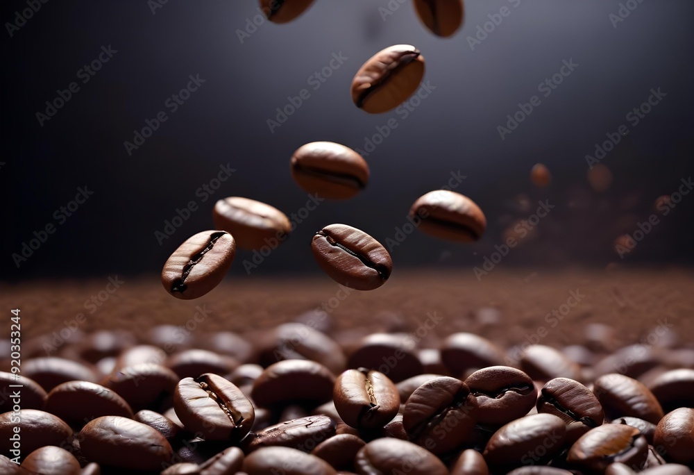 Close-up of scattered coffee beans column falling onto a perfectly arranged bed of roasted coffee beans, revealing textures and shapes Close-up of scattered coffee beans column falling onto a perfectly arranged bed of roasted coffee beans, revealing textures and shapes