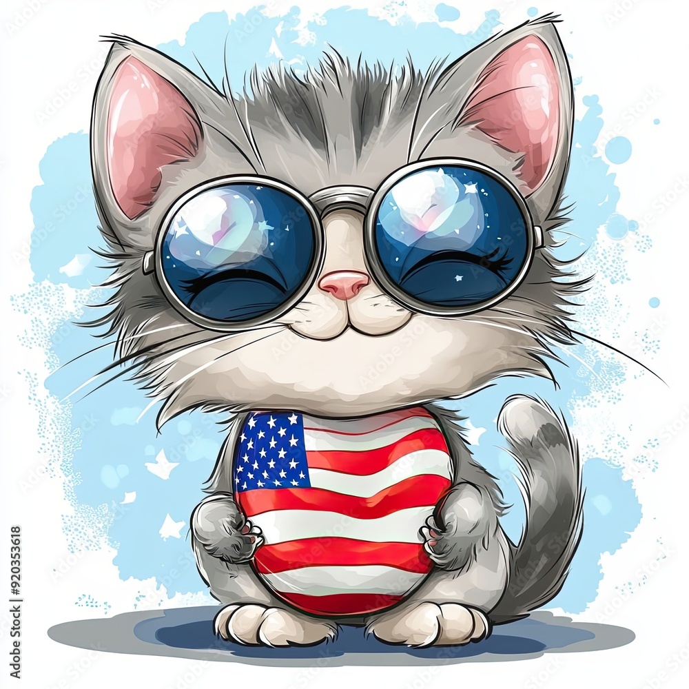 Fototapeta premium Cute Cartoon Cat Wearing Sunglasses and Holding an American Flag