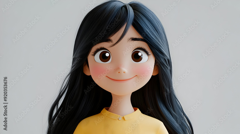 A cheerful animated girl with long black hair, wearing a yellow shirt and smiling. A cheerful animated girl with long black hair, wearing a yellow shirt and smiling.