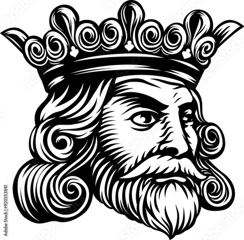 A king wearing a medieval crown, mascot head or face. Original illustration in a vintage woodcut style.