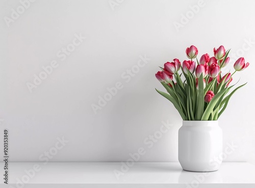 Beautiful tulips in a vase on a table against a white kitchen wall with copy space, front view. Spaces for text